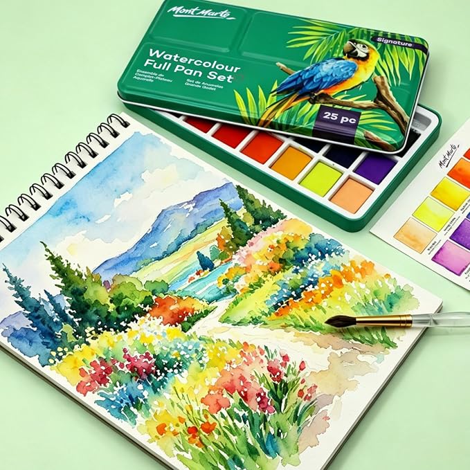 Mont Marte Watercolor Set Full Pan Signature in Tin, Vibrant 24 Colors, Multi-Color with Translucent Finish, Portable Watercolor Set