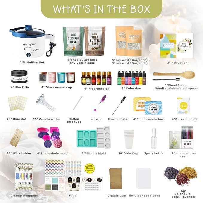 PIUH Deluxe 2-in-1 Candle & Soap Making Supplies Kit with Melter for Adults | Complete DIY Candle and Soap Kit with Melter, Wax Soy, Soap Base, Dyes, Essential Oils and Supplies for Craft