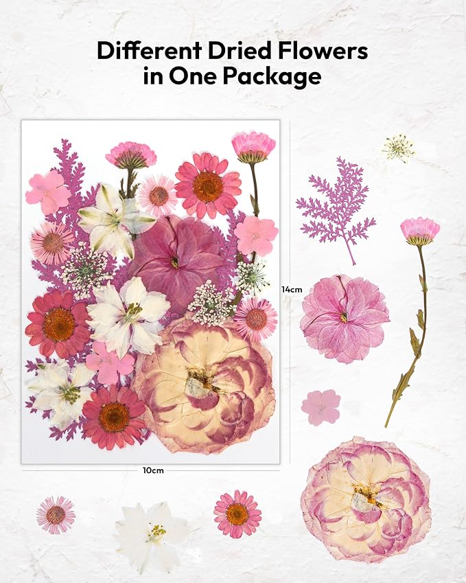 Dried Flowers, Resiners 100Pcs Pressed Flowers for Craft Baby Pink Real Natural Dried Flowers Dry Leaves Kit for DIY Making Crafts Resin Soap Candle Scrapbook Supplies Card Making Jewelry