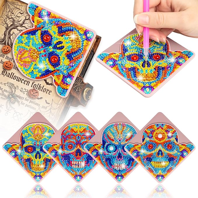 WIVICO 4Pcs Diamond Painting Bookmarks, Diamond Pearl Art Kits for Adults | DIY Diamond Dots Paint By Numbers Kit,Gifts for Book Lovers(Halloween Skull)
