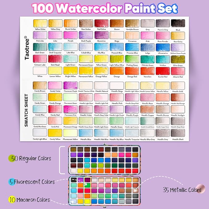 Taotree Watercolor Paint Set 100 Colors, Art Supplies Travel Water Colors | Coloring Set Watercolors Kit with 3 Paints Brushes, Crafts Painting Supplies, Drawing for Adults Artist Drawing
