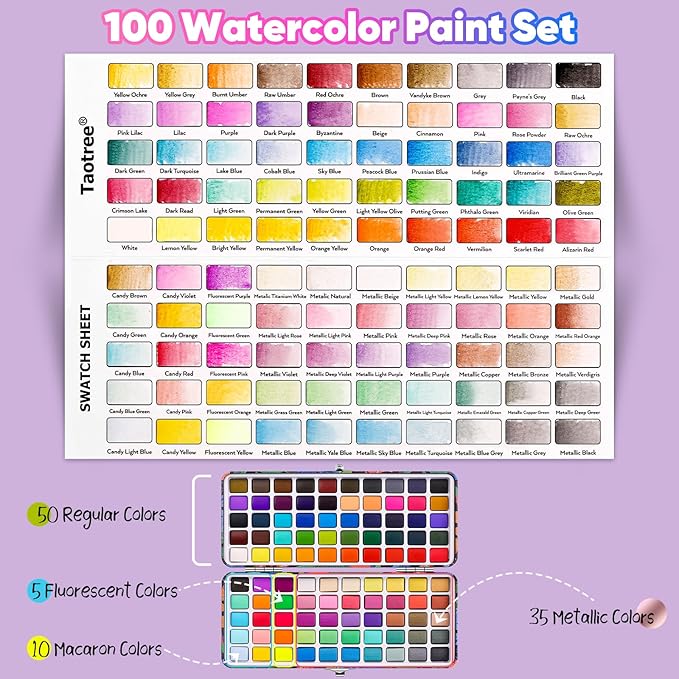 Taotree 100 Colors Watercolor Paint Set with 16 Different Flowers Designs | Watercolor Workbook, Water Coloring Book with Palette and Art Brush, Paint Set Art Supplies for Adults Beginners (Flowers)