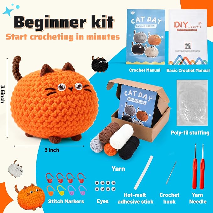 Joyclub Crochet Kit for Beginners 4 Cat Family with Video for Adults | Step-by-step video and 40% extra yarn support first projects for crochet starter; a amigurumi DIY gift for adult crafters