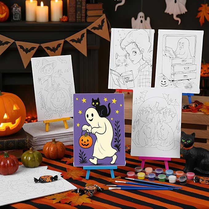 Blosssound 24 Pack Halloween Pre Drawn Canvas to Paint 5 x 7 Inch Pre Printed Canvas Painting Kits with Easel, Paint Pots Brushes Stretched Panels Bulk for Adult Sip Party Student Beginner DIY
