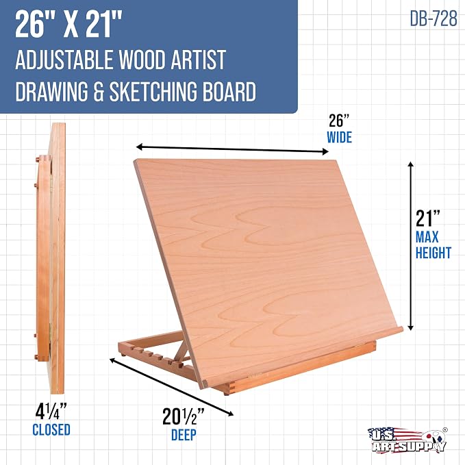 U.S. Art Supply X-Large 26" x 21" Wooden Drawing Board, Adjustable