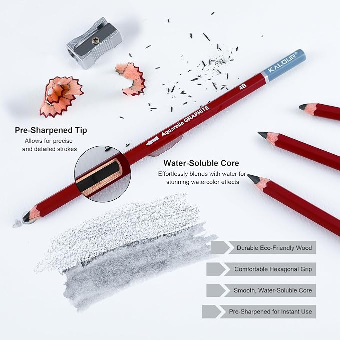 KALOUR PDAS Water-Soluble Graphite Aquarelle Drawing Pencils, 2H HB 2B 4B 6B 8B Grey, Professional Sketching Set with Water Brush and Pencil Sharpener