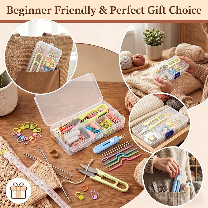 Gulfmew All in One Knitting Kit with Automatic Needle Threader, Sewing Accessories Set with Scissors, Stitch Markers & Portable Storage Case, Easy Threading Tool for Beginners, Crochet & DIY Crafts