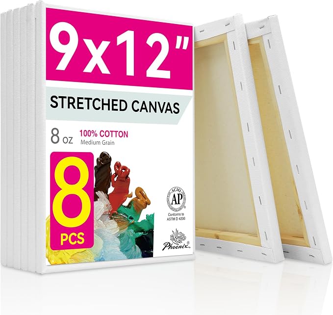 PHOENIX Stretched Canvas for Painting 9x12 Inch/8 Value Pack, 8 Oz Triple Primed 5/8 Inch Profile 100% Cotton White Blank Canvas, Artist Framed Canvas for Oil Acrylic & Pouring Art