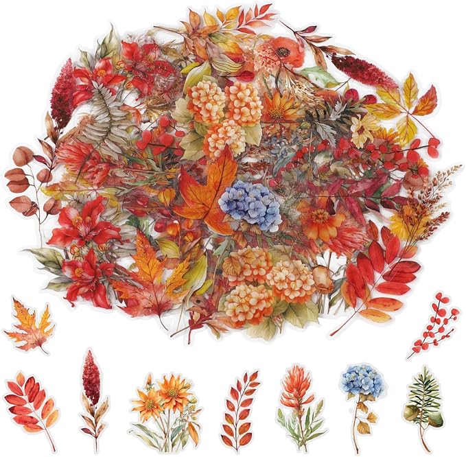80 Pcs Fall Stickers Natural Autumn Scrapbooking Stickers Transparent Flower Sticker Pack for Scrapbooking Supplies Water Bottles Laptop Journals Phone Cases Notebooks DIY Decor