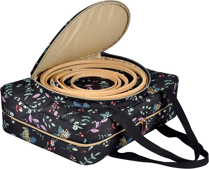 Portable Square Cross Stitch Starter Kits Bag Embroidery Project Bag Embroidery Tool Storage Tote Bag with Multifunctional Pockets, Bag Only (Black Leaves)