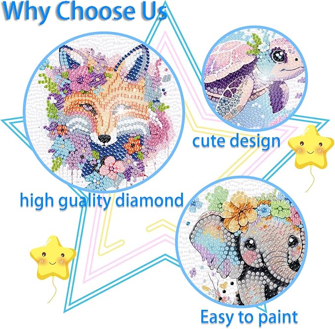 VividMeng 4 Pack Diamond Art Kits for Kids, 5D DIY Cute Animals Diamond Painting Kit for Kids Beginners, Gem Art by Number Kits for Boys Girls Ages 6-8-12-14, Home Wall Decor Gift for Party 6X6inch