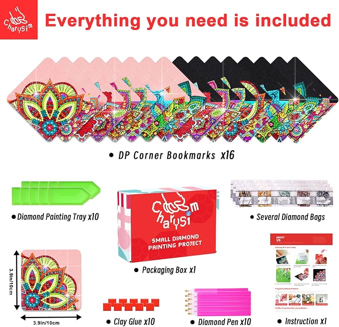 10 Individual Diamond Art Kit 16 PC Bookmarks Adult Bedazzling Craft Women | Diamond Painting by Dots Bead Leather Book Mark DIY Gem Dot Rhinestones for Ladies Night Party Mandala Bulk Kit