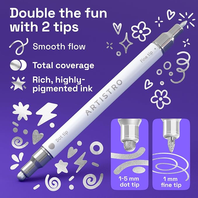 ARTISTRO Silver Dual-Tip Acrylic Paint Marker Pens - Set of 12 | For Fabric, Rock, Glass, Wood, & Coloring Books, Arts & Crafts Gift, Classroom Must Haves & School Supplies (Dot & Fine Tips)