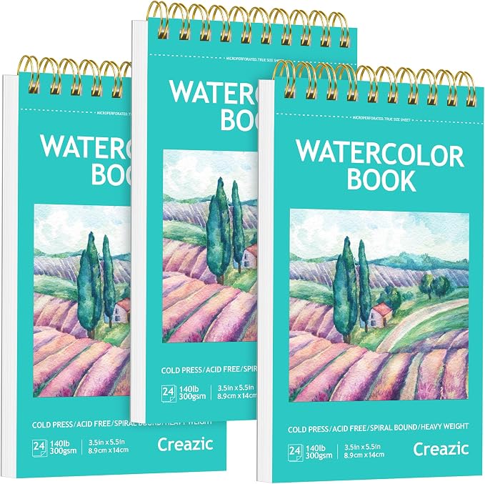 Creazic 3 Pack Small Watercolor Sketchbook, 3.5" x 5.5" Watercolor Notebook