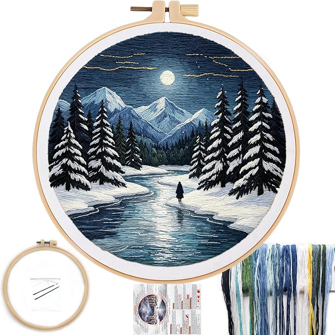 FONNUY Embroidery Kit for Beginners, Boho Nature Landscape Pre-Stamped Pattern Kits for Adults with Hoop, Easy to Follow Color Thread Needlework, 8'' Hoop (Winter Night)
