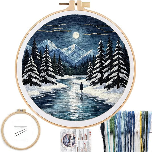 FONNUY Embroidery Kit for Beginners, Boho Nature Landscape Pre-Stamped Pattern Kits for Adults with Hoop, Easy to Follow Color Thread Needlework, 8'' Hoop (Winter Night)