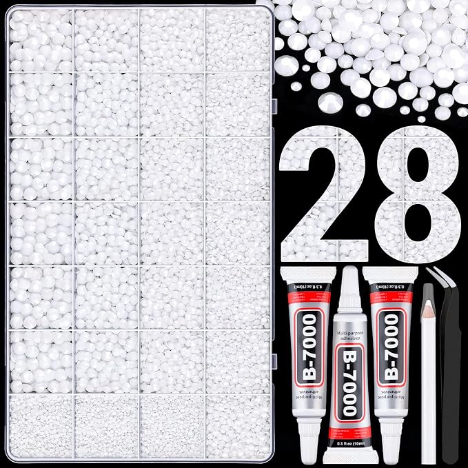 30000Pcs Resin Rhinestones for Bedazzling with Tweezers, White Rhinestones for Crafting with 3Pcs 10ml B7000 Jewelry Glue for DIY Crafts Clothing Tumblers Shoes Fabric Nail Art