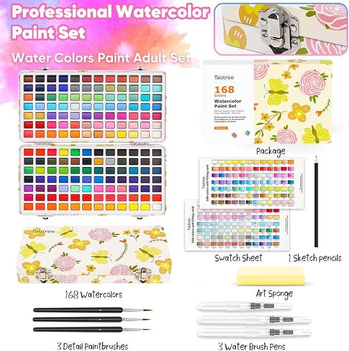Taotree Watercolor Paint Set 168 Colors, Art Supplies Travel Water Colors | Coloring Set Watercolors Kit with 3 Paints Brushes, Crafts Painting Supplies, Drawing for Adults Artist Drawing