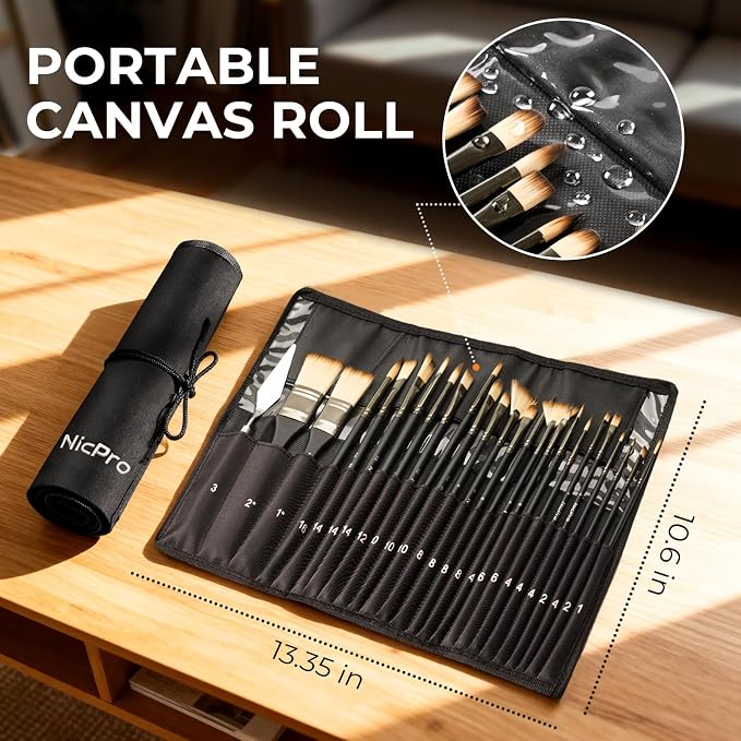 Nicpro 26pcs Professional Paint Brush Set with Palette Knife & Canvas Roll | Craft Paint Brushes for Acrylic Painting, Oil, Watercolor, Gouache & Canvas, Drawing & Art Supplies for Adults, Artists Gift