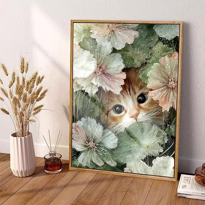 Cute Cat Diamond Art Kits for Adults,Flower Diamond painting Wall Decor