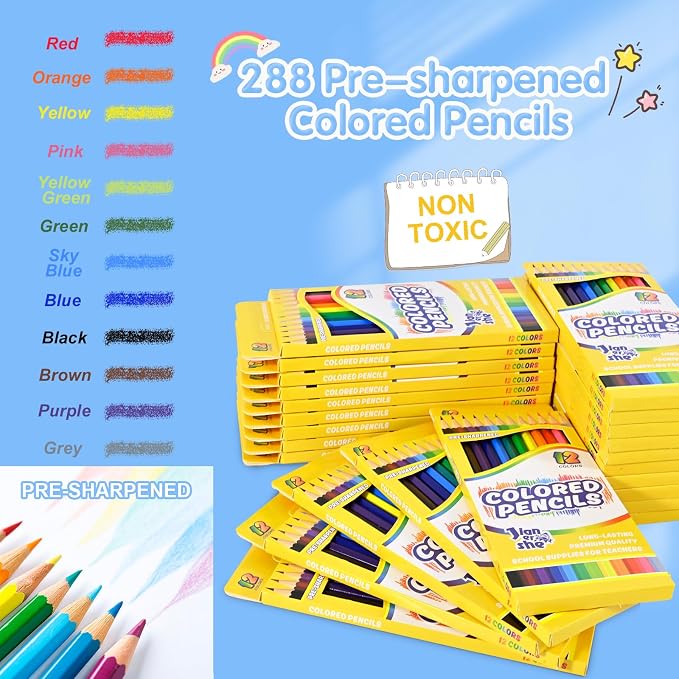 288 Count Colored Pencils Bulk, 12 Assorted Colors, 24Packs Pre-sharpened Coloring Pencils Set for Kids,Back to School Supplies,Teachers Essential Classroom Art Prizes