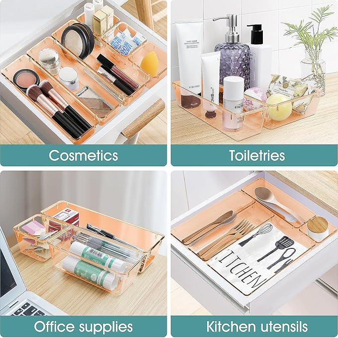 25 PCS Plastic Drawer Organizer Set, Makeup Organizers and Storage Bins | 4 Sizes Desk Drawer Divider Organizers and Storage Bins for Jewelry, Gadgets for Kitchen, Bedroom, Bathroom, Orange