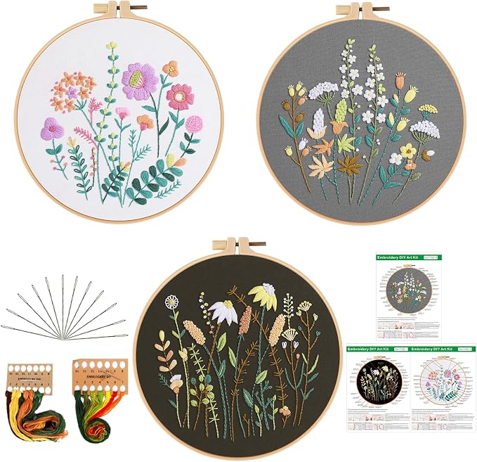 GLTAYLMY 3 Pack Embroidery Starter Kit for Beginners Stamped Cross Stitch Kits with Cute Flowers and Plants Patterns with 1 Embroidery Hoop and Color Threads for Adults