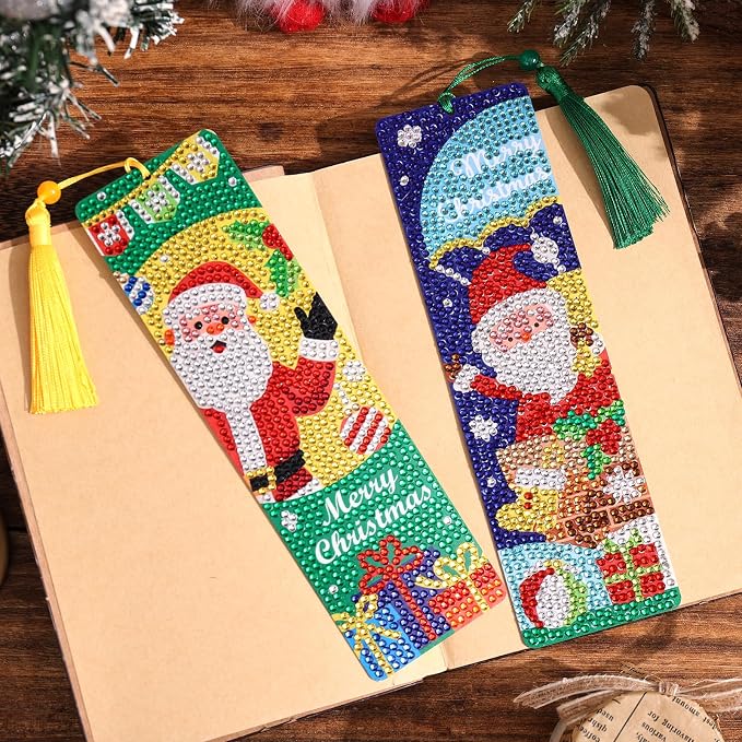 icceemee 4 Pcs Christmas Theme Diamond Painting Bookmarks, DIY Diamond Art Kits for Adults, Book Corner Protecting Bookmark Craft Supplies Kits for Book Lovers