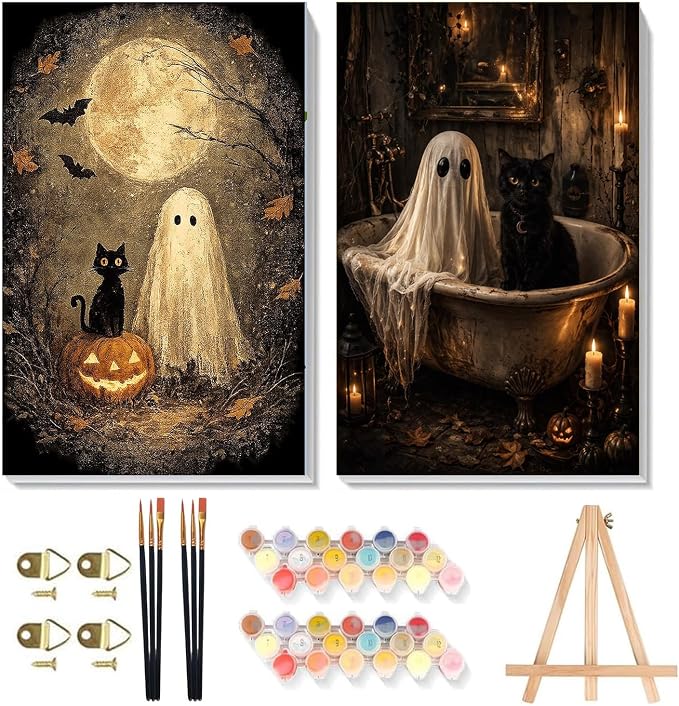 2 Pack Halloween Paint by Numbers Kit for Adults (Ghost&Cat, 8x12inch)