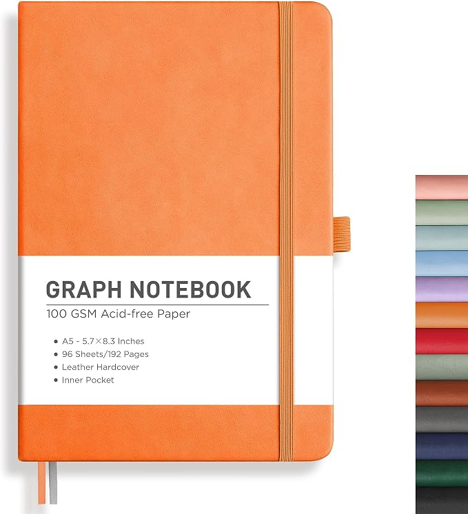 RETTACY Graph Grid Paper Notebook, 192 Pages, A5 Size (5.7'' x 8.3'') | 5 Squares per Inch, Leather Hardcover, 100 GSM Thick Paper, for School, Students, Math, Engineering (Orange)