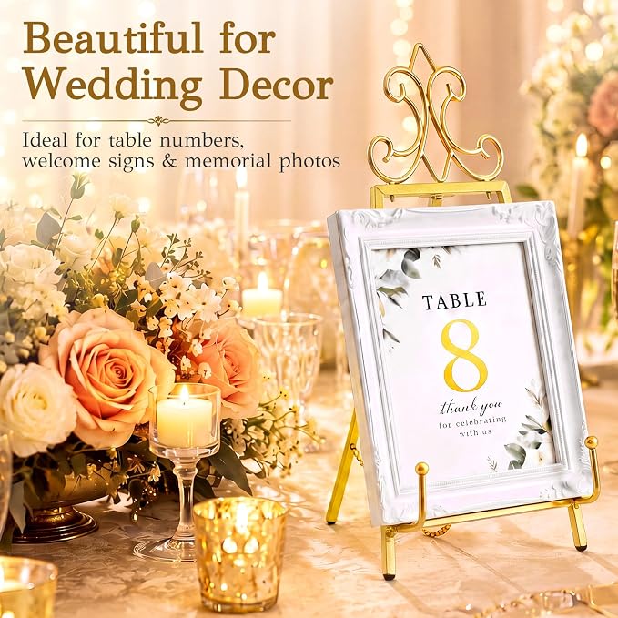 Pinkunn 19.1" H x 8.6" W Vintage Gold Metal Tabletop Easel Stand for Sign Display, Picture Holder for Wedding Table Decorations Art Stand for Painting Photos Books and Decorative Plates Pretty Easel