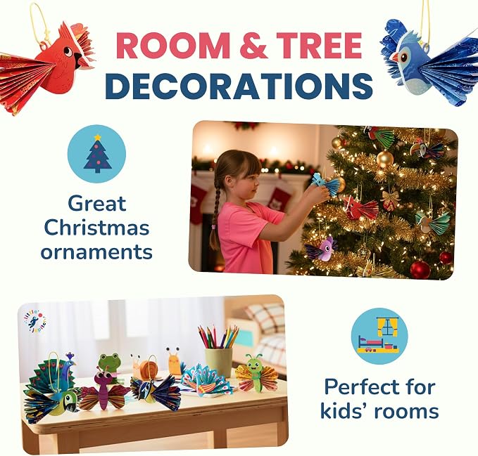 DIY Zig Zag Origami - Beginner Origami & EVA Foam & Paper Craft Kit for Kids 6-10 Yrs - Boys & Girls Build 20 Hanging Birds, Insects, & More - Use for Room Decoration, Christmas Ornaments, & More