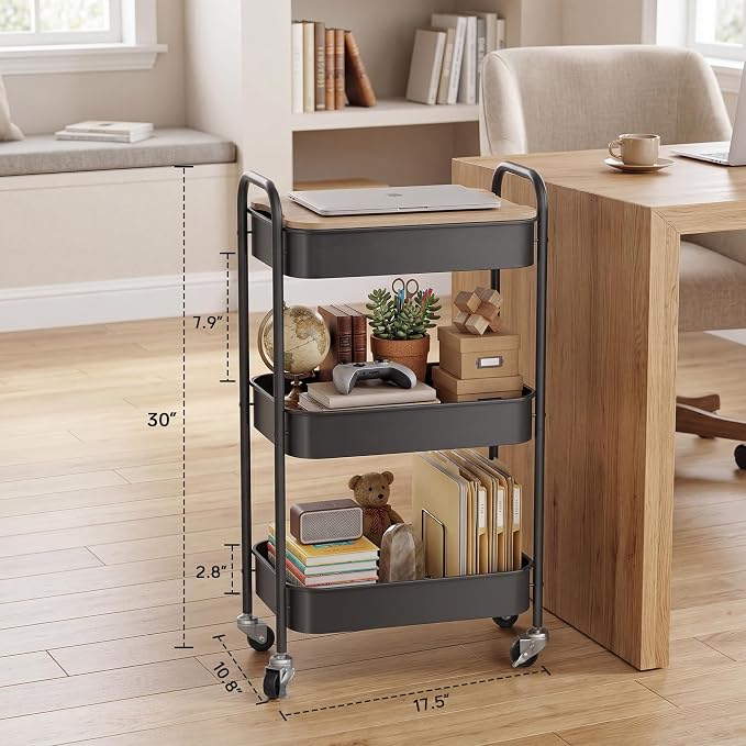 DTK 3 Tier Rolling Cart with Wheels, Heavy Duty Metal Utility Cart, Mobile Storage Organizer with Lockable Casters, Multi-Purpose Rolling Cart for Nursery, Bathroom, Kitchen, Office, Classroom