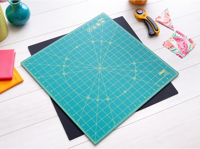 OLFA 17x17" 360-Degree Rotating Cutting Mat (RM-17S) - Self-Healing, Green | Two-piece rotating, 360-degree spin, self-healing surface - Trimming blocks and quilting shapes - Quilters and Crafters