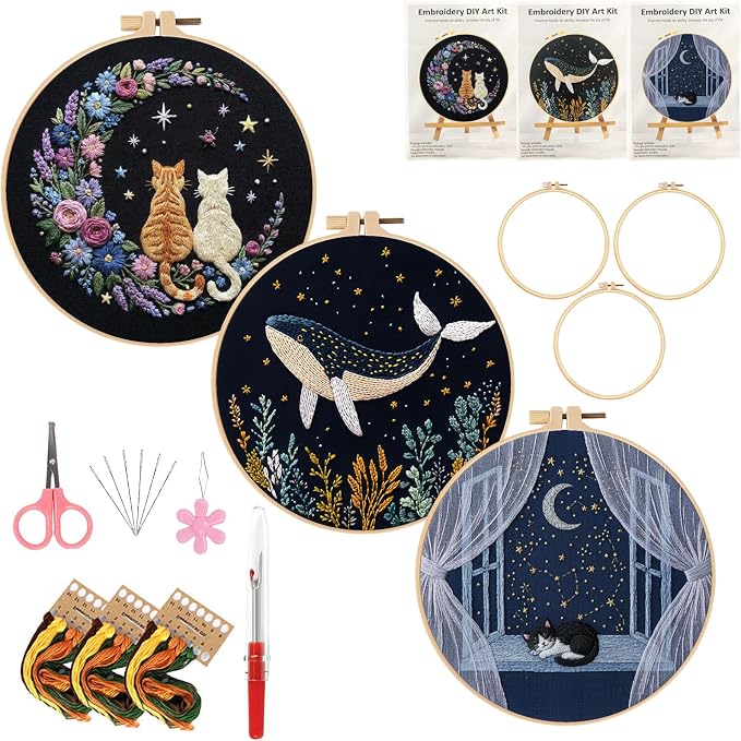 LYMIGER 3 Packs Embroidery Kit for Adults, Embroidery for Beginners (Night)