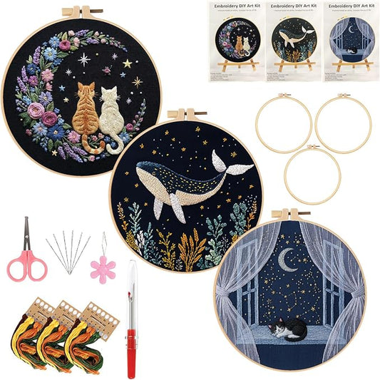 LYMIGER 3 Packs Embroidery Kit for Adults, Embroidery for Beginners (Night)