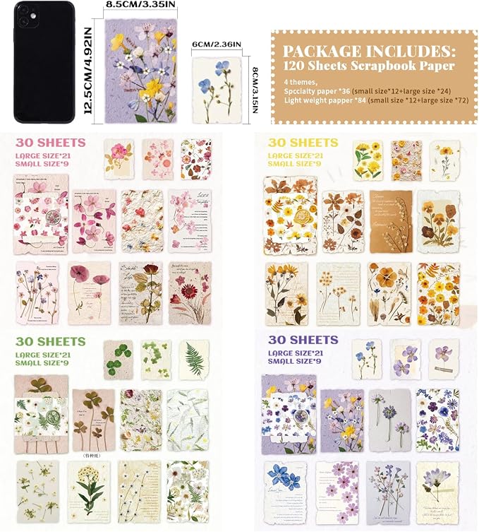 120 Pcs Floral Textured Scrapbook Paper Junk Journal Supplies Stationery