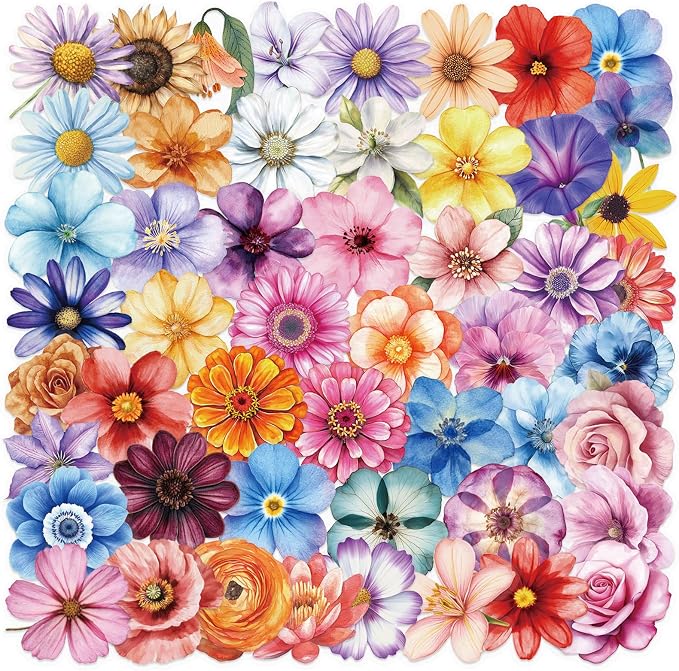 50PCS Flower Stickers PET Transparent Stickers Colorful Nature Decals Waterproof Decorative Decals for Scrapbook DIY Crafts Album Bullet Journal Planner Water Bottles Phone Cases Laptops