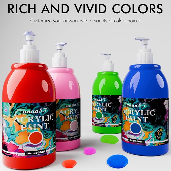 unuaST Acrylic Paint Sets for Adults, 14 Colors Large Bulk Acrylic Paints kits Rich Pigment Art Painting Supplies for Artists/Beginners, Paint Sets for Canvas with Pump, Color Wheel (10oz/300ml)