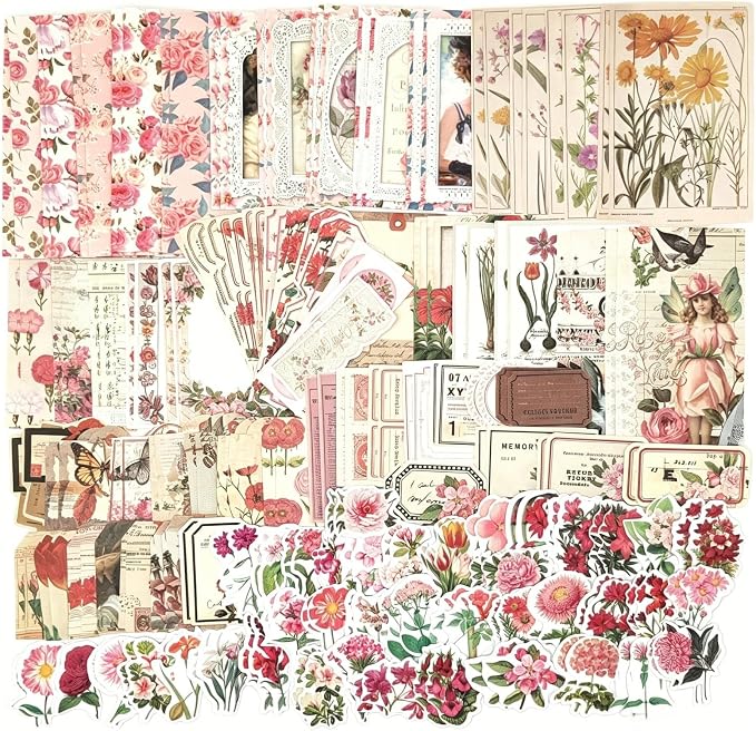 Esweny 200PCS Vintage Scrapbooking Supplies Pack, Aesthetic Scrapbook Sticker Paper Art Journaling Kit for Junk Journals,Planner,Cottagecore Decor Gifts (Pink Series)