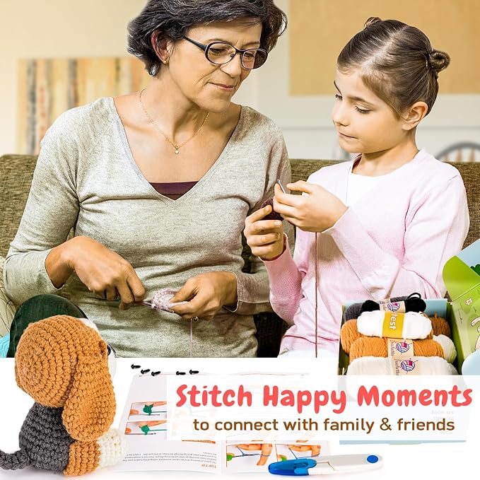 Crochetta Crochet Kit for Beginners, Beginner Crochet Kit for Adults with Step-by-Step Video Tutorials, DIY Crochet Animal Kits Knitting Supplies, 2 Pack Beagle Family (40%+ Yarn)
