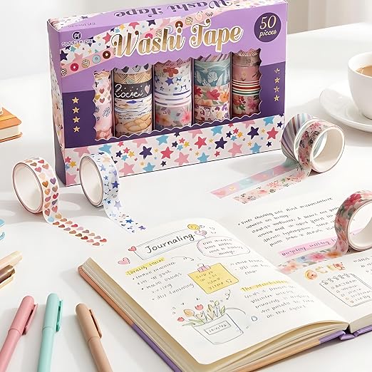 50 Rolls Washi Tape Set, Assorted Sizes, for Junk Journal Scrapbook, Bullet Journaling Scrapbooking Supplies, Planner Sticker DIY Craft Decor (Whimsical Doodles)