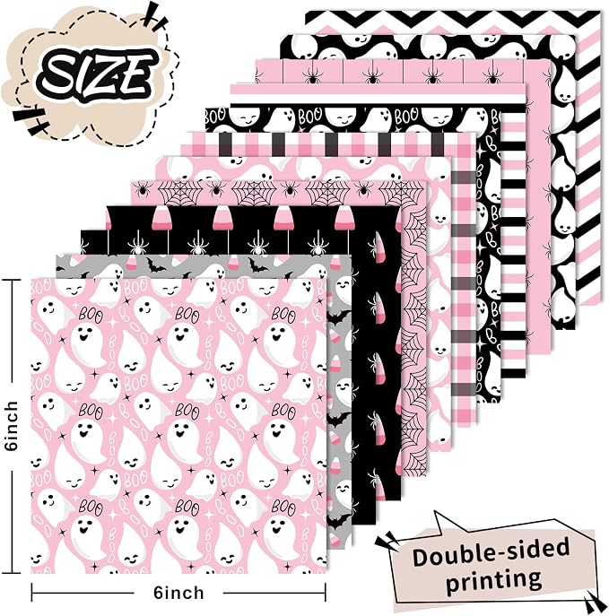 JarThenaAMCS 24 Sheet Halloween Little Boo Pattern Paper Black Pink Ghost Spider Bat Scrapbook Specialty Paper Double Sided Craft Papers for DIY Card Making Photo Album Decor, 6 x 6 Inch