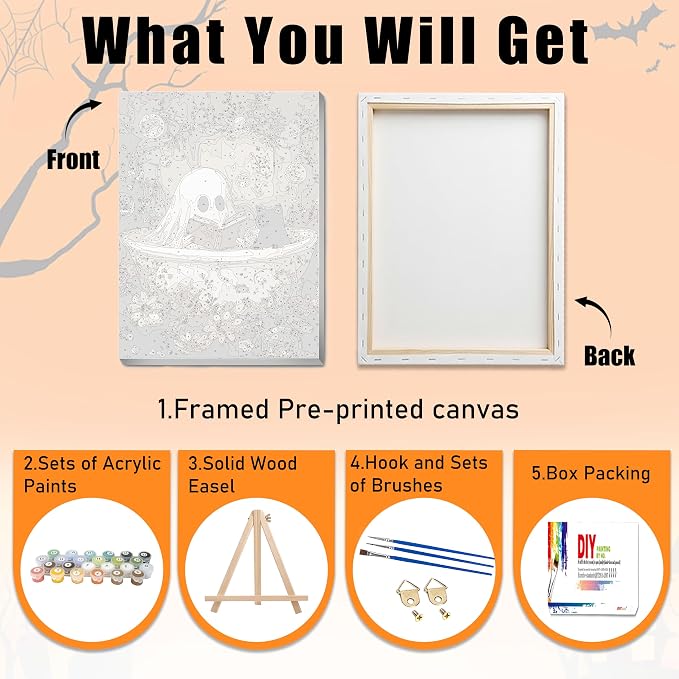Ausanrl Halloween Paint by Numbers with Frame Wooden Easel - Paint by Number Adult, Halloween Frame Paint by Numbers,Gifts and Home Wall Decor 12x16inch
