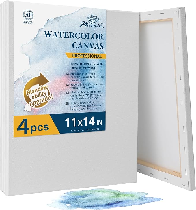 PHOENIX Professional Stretched Watercolor Canvas - 11x14 Inch/4 Pack, 100% Cotton Water Color Canvases for Painting, 8 Oz. / 260g White Blank Medium Texture Canvas for Water Based Paints