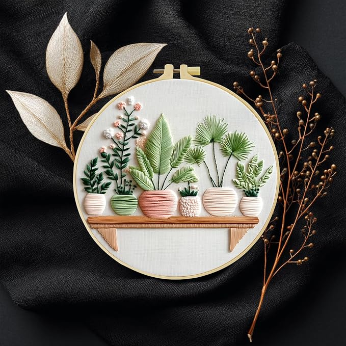 Full Range Embroidery Kit for Adult, Green Plant Pattern Embroidery Kit for Beginners Include Embroidery Cloth Hoops Threads for Craft Lover Hand Stitch with Embroidery Skill Techniques (Plant1)