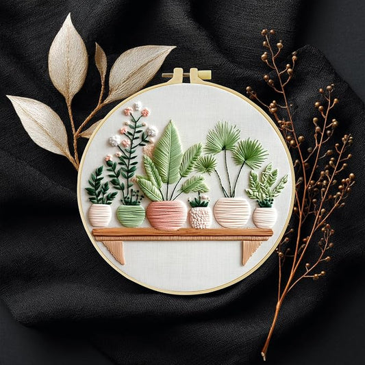 Full Range Embroidery Kit for Adult, Green Plant Pattern Embroidery Kit for Beginners Include Embroidery Cloth Hoops Threads for Craft Lover Hand Stitch with Embroidery Skill Techniques (Plant1)