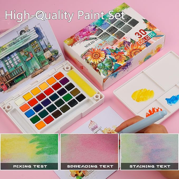 Portable Watercolor Paint Set - 30 Colors Travel Watercolor Kit with Water Brush, 24 Sheets Watercolor Paper, Online Tutorial - Compact Graspable Watercolor Painting Set for Beginners, Artists, Hobbyists, Outdoor Painting