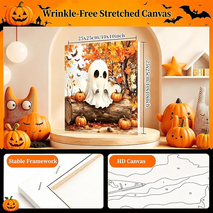 Arttoplus Halloween Framed Paint by Numbers Kit for Adults 10x10inch, Ghost | Adult Paint by Number Kits on Canvas with Easel for Beginner & Kids Ages 8-12, Easy Acrylic Oil Painting Kits for Home Decor