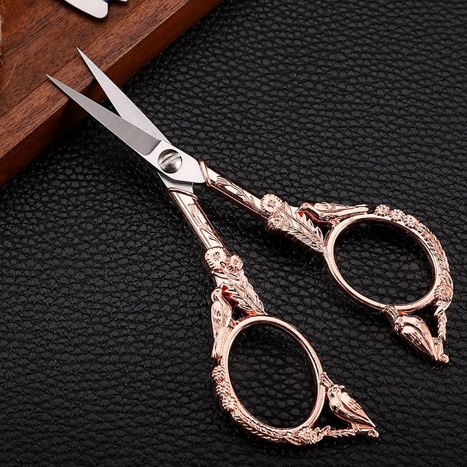 YOUGUOM Sewing Embroidery Scissors, Small Craft Shears with Cover | Vintage, Sharp Pointed Tip, for Needlework, Cross Stitch,Crochet, Handicraft DIY Tool, 4.6in, Rose Gold, Little Bird